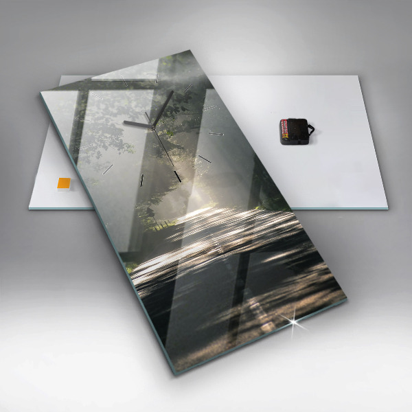 Ceas vertical de perete din sticlă Drum forestier și dâre de lumină solară