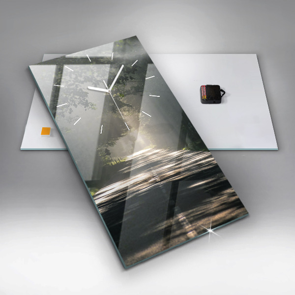 Ceas vertical de perete din sticlă Drum forestier și dâre de lumină solară