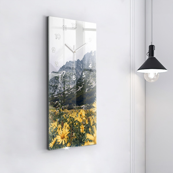 Ceas vertical de perete din sticlă Lunca de flori în munți
