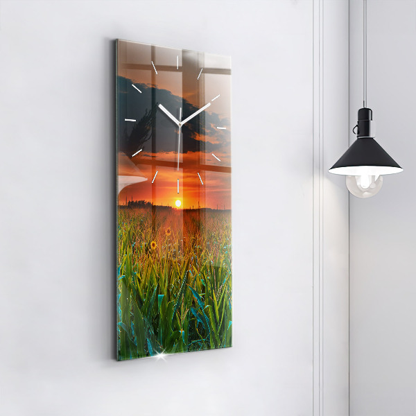 Ceas vertical de perete din sticlă Floarea soarelui în pajiște