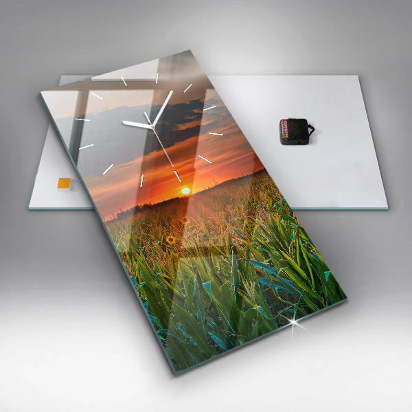 Ceas vertical de perete din sticlă Floarea soarelui în pajiște