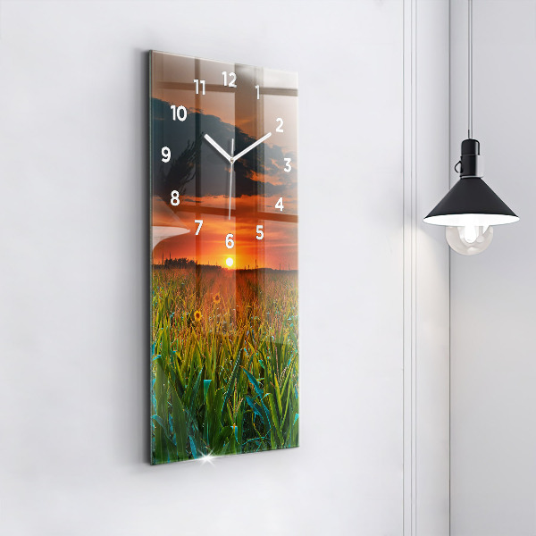 Ceas vertical de perete din sticlă Floarea soarelui în pajiște