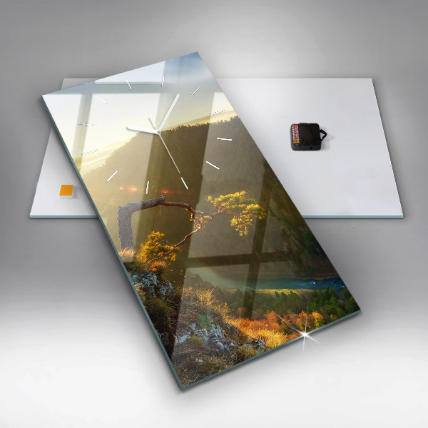 Ceas vertical de perete din sticlă Apus peste munți