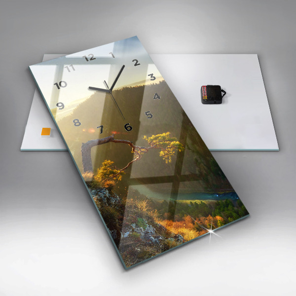 Ceas vertical de perete din sticlă Apus peste munți