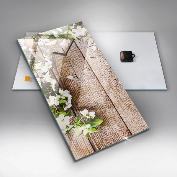 Ceas vertical de perete din sticlă Flori pe lemn