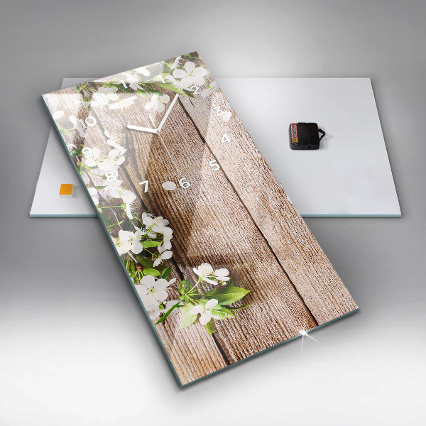 Ceas vertical de perete din sticlă Flori pe lemn