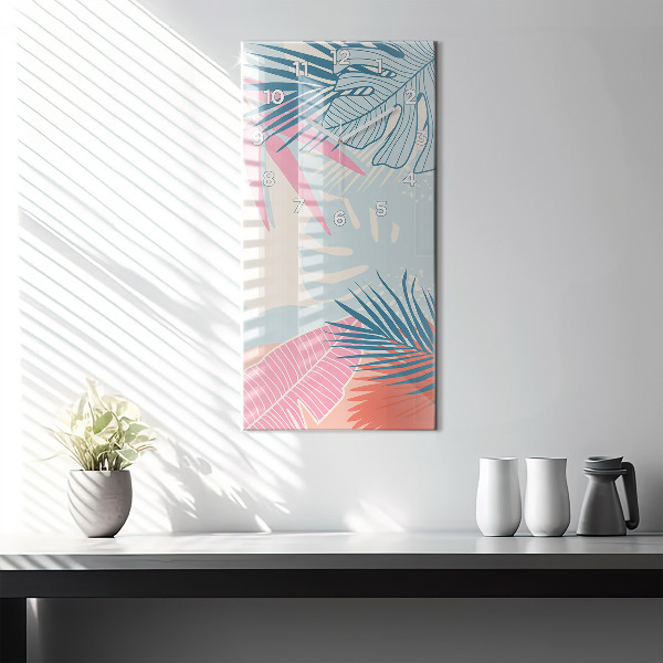 Ceas vertical de perete din sticlă Frunze pastelate – tropice