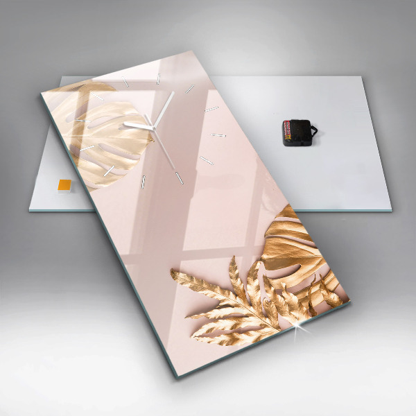 Ceas vertical de perete din sticlă Frunze tropicale aurii