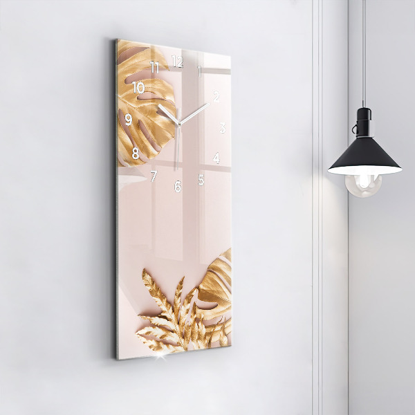 Ceas vertical de perete din sticlă Frunze tropicale aurii