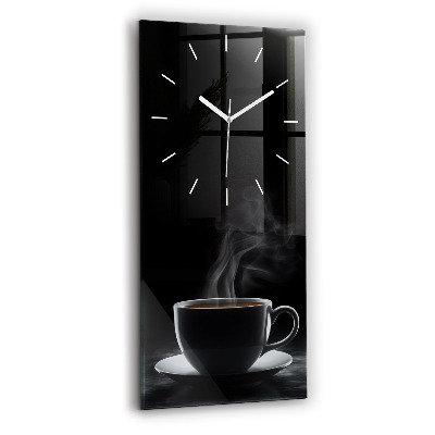 Ceas vertical de perete din sticlă O ceașcă de cafea neagră