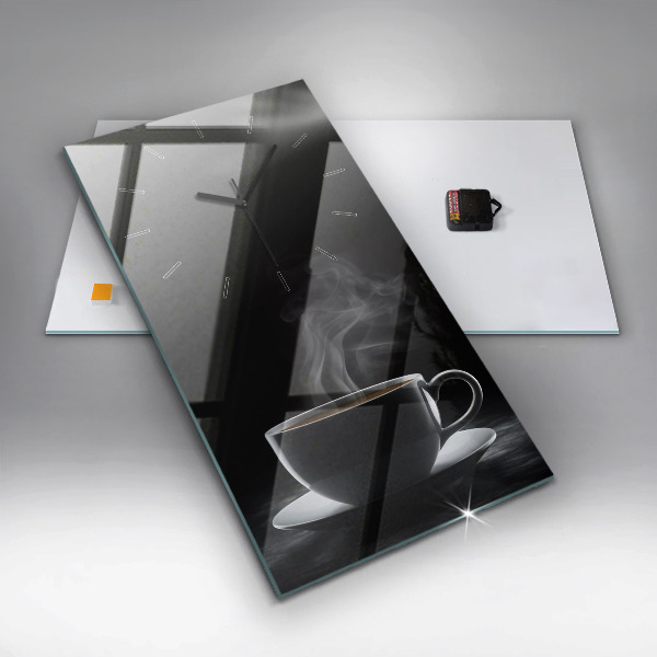 Ceas vertical de perete din sticlă O ceașcă de cafea neagră