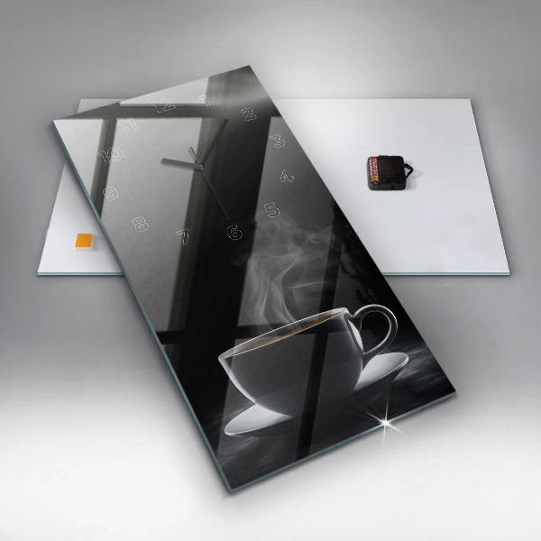 Ceas vertical de perete din sticlă O ceașcă de cafea neagră