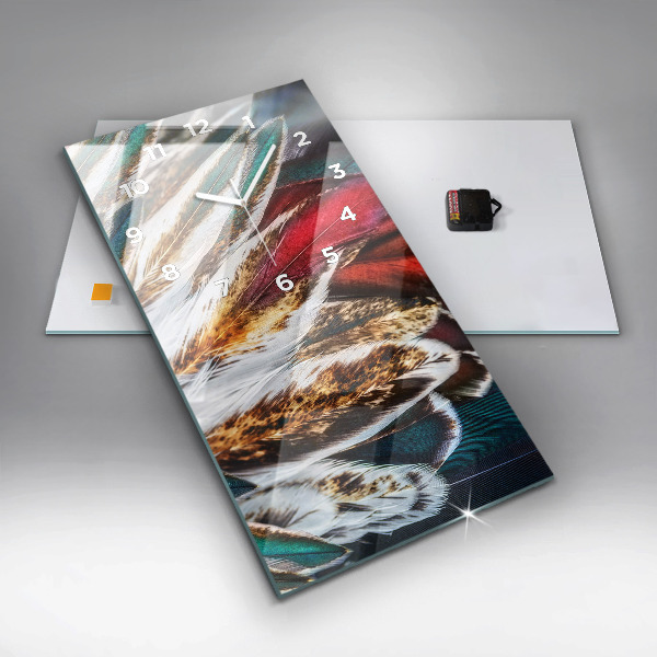 Ceas vertical de perete din sticlă Pene de pasăre maro deschis