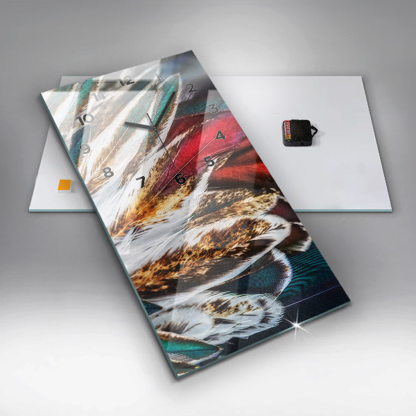 Ceas vertical de perete din sticlă Pene de pasăre maro deschis