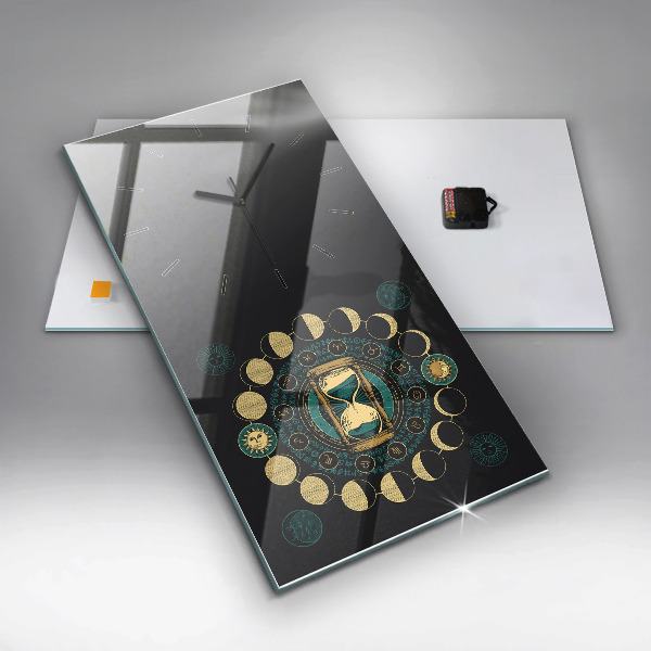 Ceas vertical de perete din sticlă Fazele lunii și clepsidra