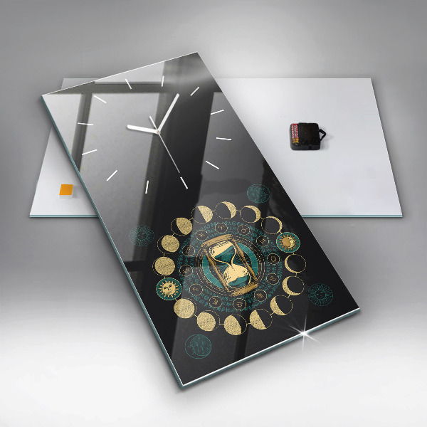 Ceas vertical de perete din sticlă Fazele lunii și clepsidra