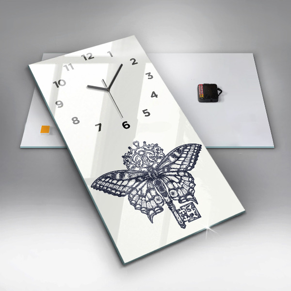 Ceas vertical de perete din sticlă Fluture și cheie - stil boho