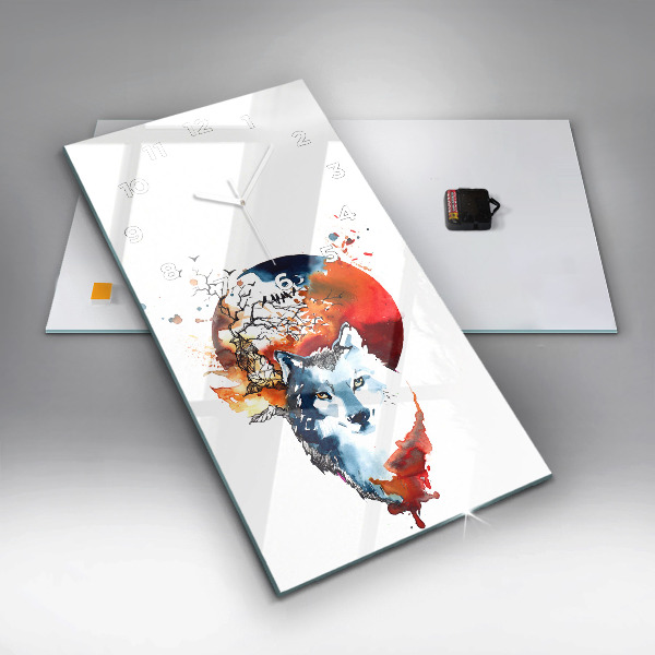 Ceas vertical de perete din sticlă Lupul și Luna Plină