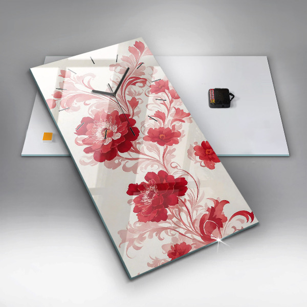 Ceas vertical de perete din sticlă Flori roșii