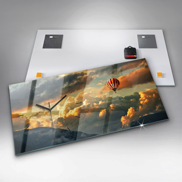 Ceas orizontale de perete din sticlă Zborul cu balonul în nori
