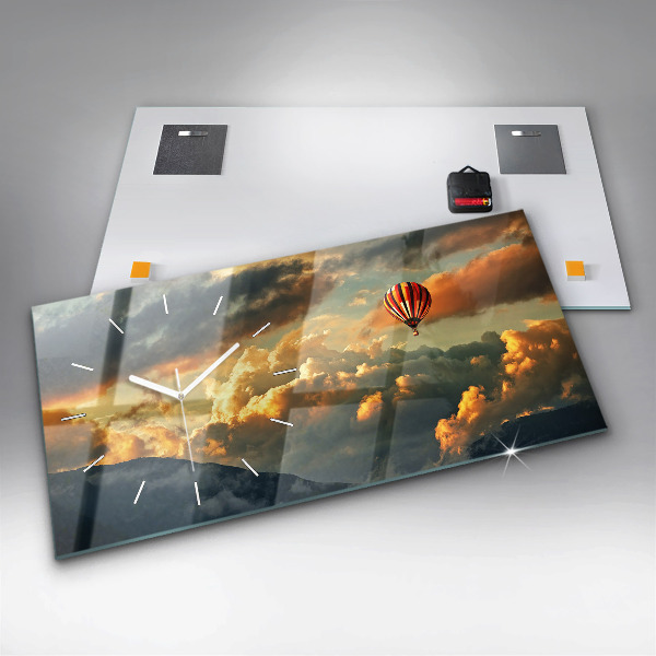 Ceas orizontale de perete din sticlă Zborul cu balonul în nori