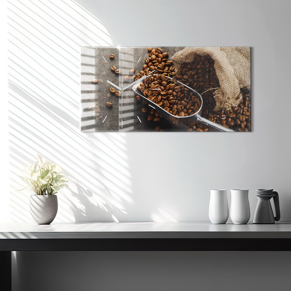 Ceas orizontale de perete din sticlă O pungă cu boabe de cafea