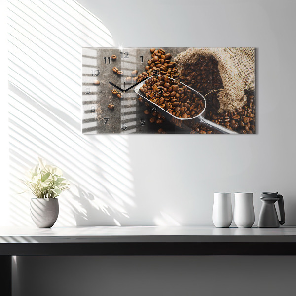 Ceas orizontale de perete din sticlă O pungă cu boabe de cafea