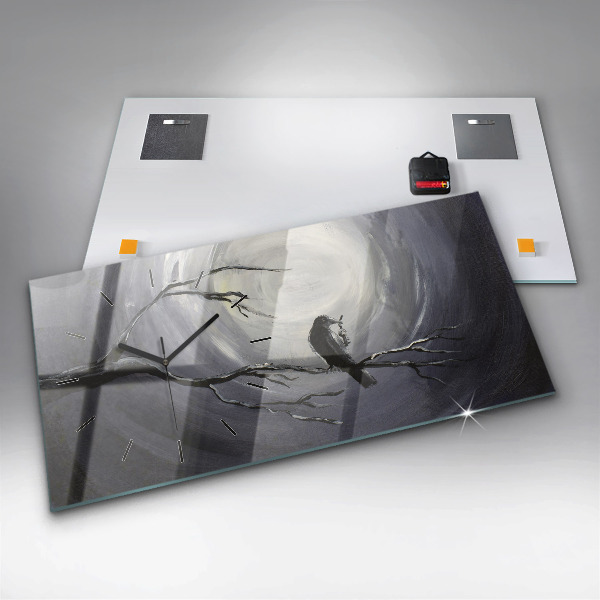 Ceas orizontale de perete din sticlă Corb în lumina lunii