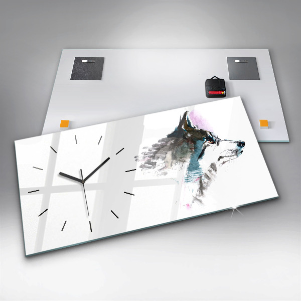 Ceas orizontale de perete din sticlă Profilul unui lup pictat