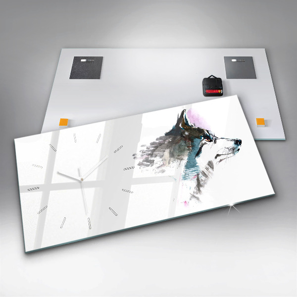 Ceas orizontale de perete din sticlă Profilul unui lup pictat