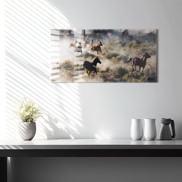 Ceas orizontale de perete din sticlă O turmă de cai grăbiți