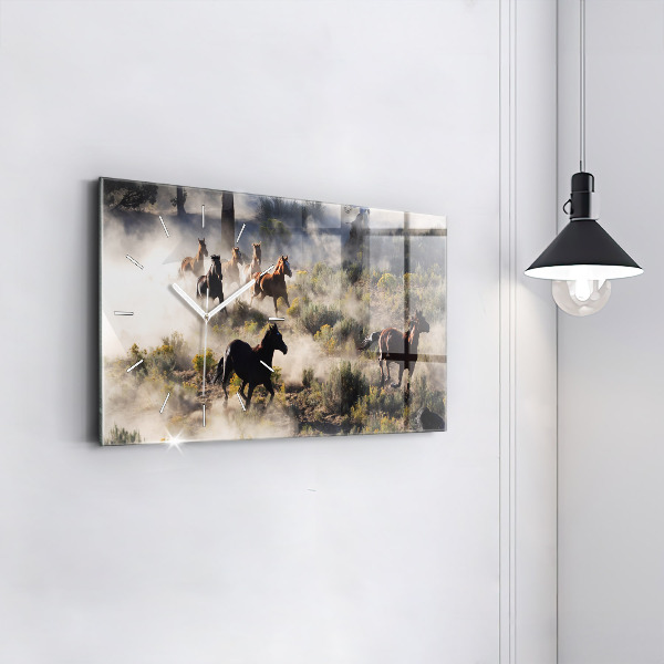 Ceas orizontale de perete din sticlă O turmă de cai grăbiți