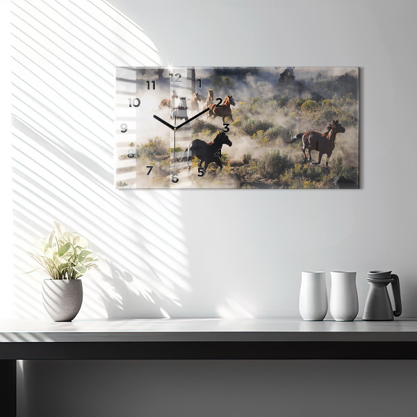 Ceas orizontale de perete din sticlă O turmă de cai grăbiți