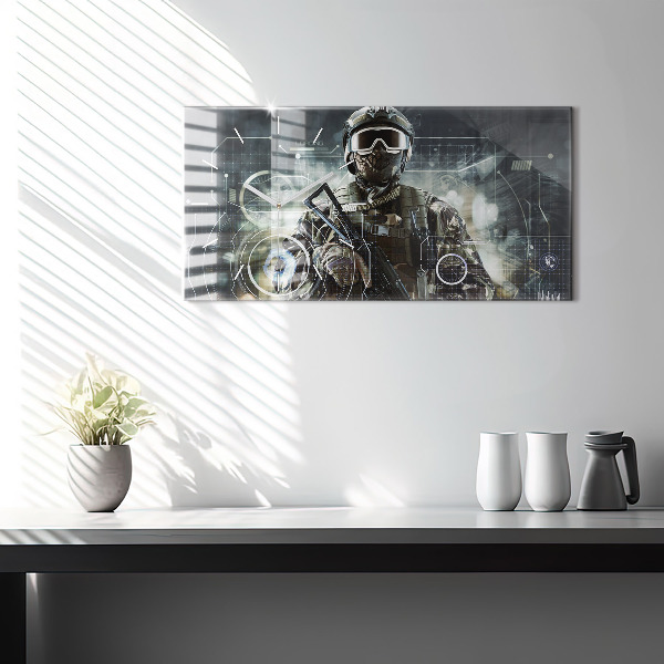 Ceas orizontale de perete din sticlă Soldat cu o armă