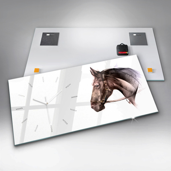 Ceas orizontale de perete din sticlă Profil de cal pictat