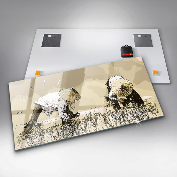 Ceas orizontale de perete din sticlă Femeie care culege orez