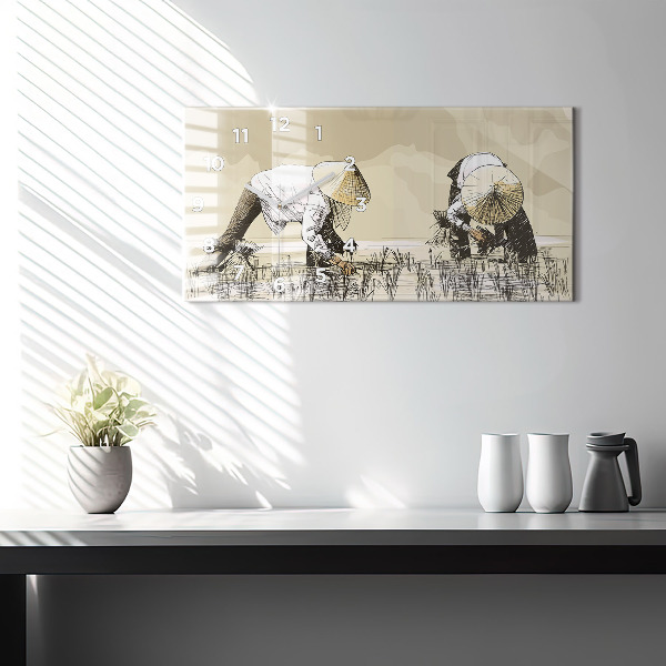 Ceas orizontale de perete din sticlă Femeie care culege orez