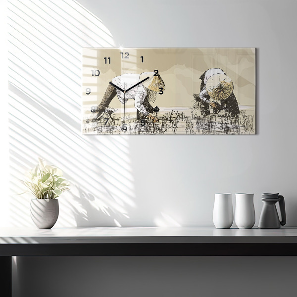 Ceas orizontale de perete din sticlă Femeie care culege orez