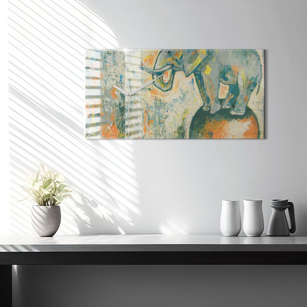 Ceas orizontale de perete din sticlă Poziția elefantului pictat