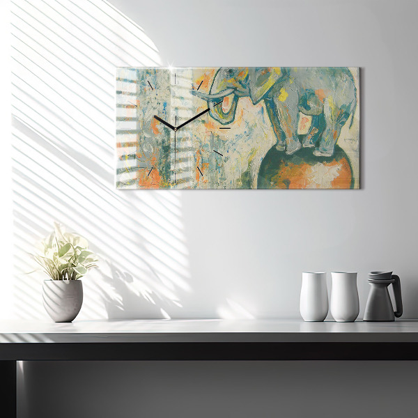 Ceas orizontale de perete din sticlă Poziția elefantului pictat