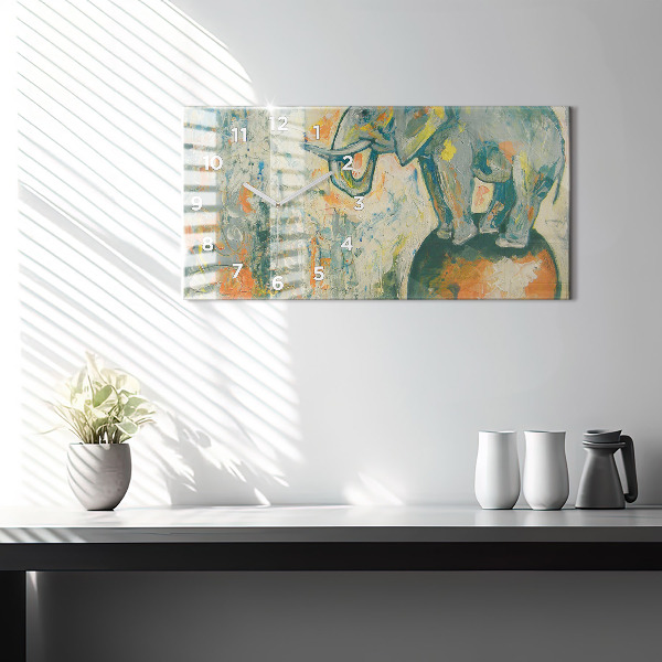 Ceas orizontale de perete din sticlă Poziția elefantului pictat