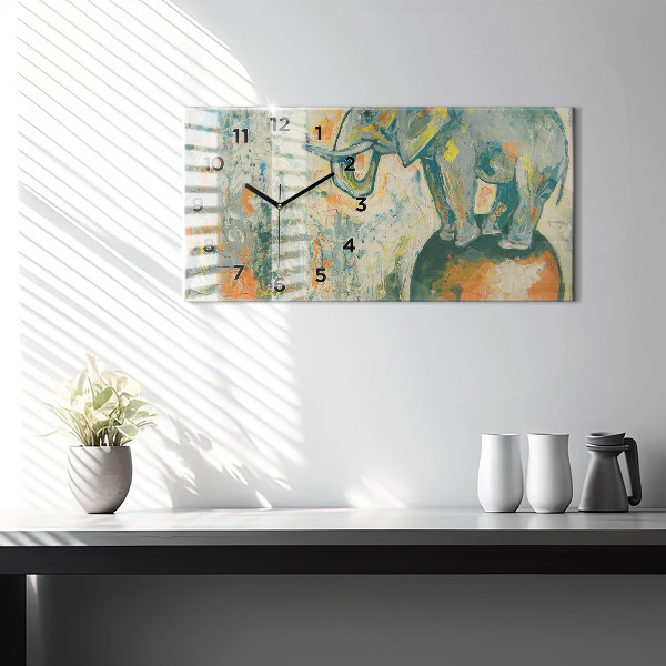 Ceas orizontale de perete din sticlă Poziția elefantului pictat