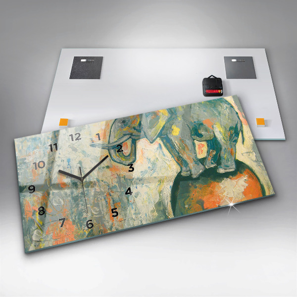 Ceas orizontale de perete din sticlă Poziția elefantului pictat