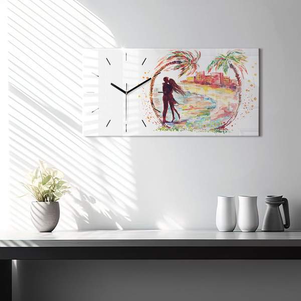 Ceas orizontale de perete din sticlă Acuarelă Dragoste pe Miami Beach