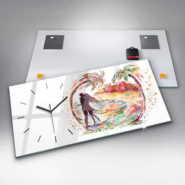 Ceas orizontale de perete din sticlă Acuarelă Dragoste pe Miami Beach