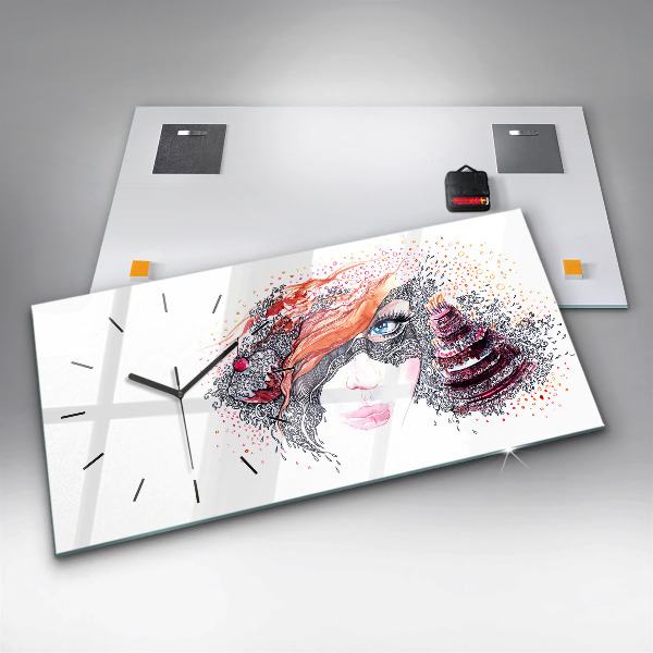 Ceas orizontale de perete din sticlă Femeie dulce cu tort