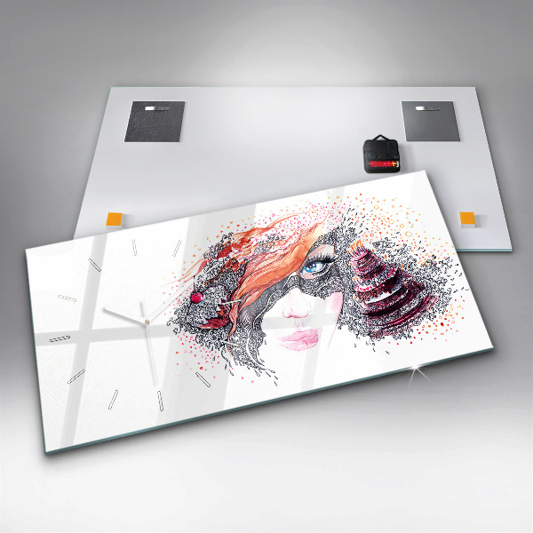 Ceas orizontale de perete din sticlă Femeie dulce cu tort