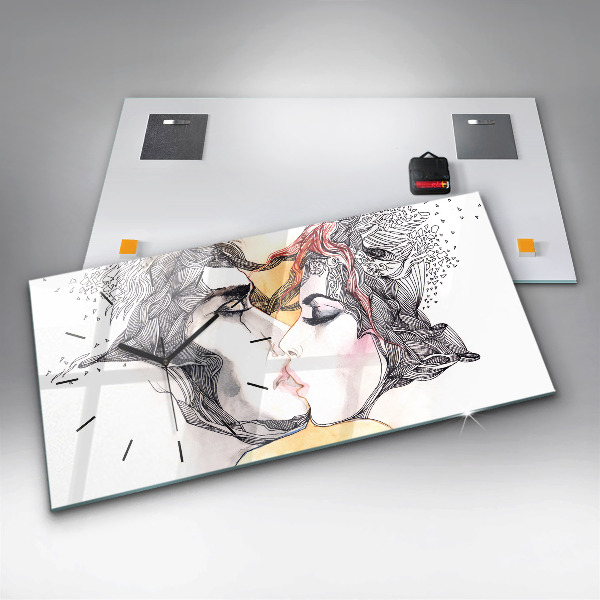 Ceas orizontale de perete din sticlă Desen sărut de dragoste