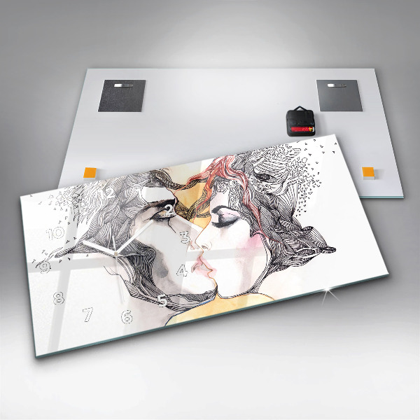 Ceas orizontale de perete din sticlă Desen sărut de dragoste