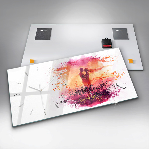 Ceas orizontale de perete din sticlă Acuarele cuplu de îndrăgostiți